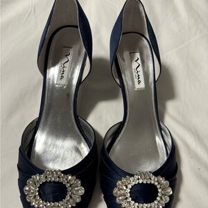 Nina Navy Satin D'Orsay Heels with Crystal Embellishment